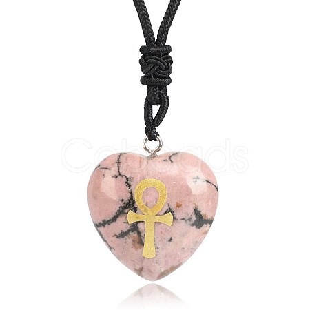 Natural Rhodonite Heart Engraved AnKh Cross Pendant Personalized DIY Necklaces SC1205-10-1