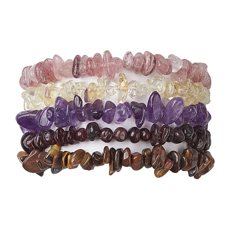 12 Constellation Natural Mixed Gemstone Chip Beaded Stretch Bracelets Sets for Women Men BJEW-JB10264-11-1