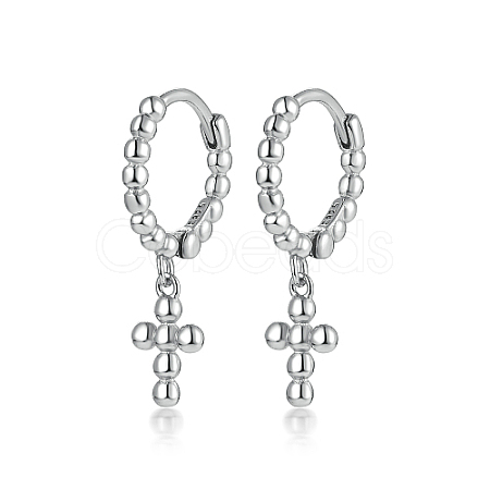 Anti-Tarnish Rhodium Plated 925 Sterling Silver Cross Dangle Hoop Earrings HE1465-2-1