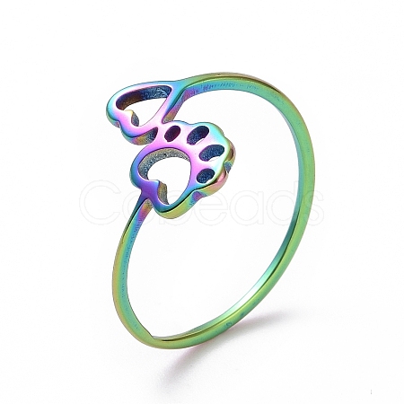 Ion Plating(IP) 201 Stainless Steel Paw Print and Heart Finger Ring RJEW-J051-27MC-1