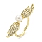 Wing Brass Micro Pave Clear Cubic Zirconia Cuff Rings, with ABS Plastic Pearl, Open Rings for Women, Real 18K Gold Plated, Adjustable