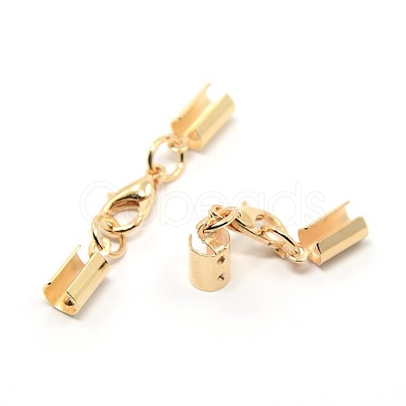 Bracelet Making Brass Lobster Claw Clasp with Two Fold Over Cord Ends X-KK-O029-01-1