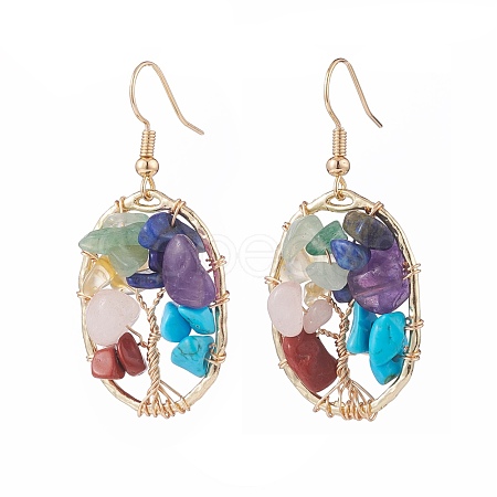 Natural & Synthetic Mixed Gemstone Chips Oval with Tree of Life Dangle Earrings EJEW-JE04880-01-1
