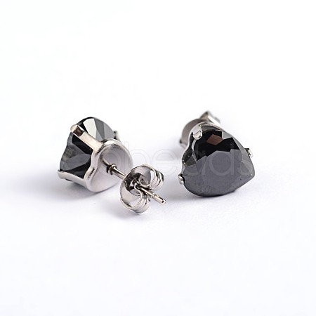 Heart 304 Stainless Steel Cubic Zirconia Stud Earrings EJEW-H306-19-6mm-1