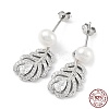 Cubic Zirconia Feather with Natural Pearl Dangle Stud Earrings EJEW-F318-14P-1
