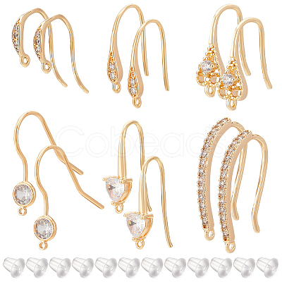 BENECREAT 12Pcs 6 Styles Brass Cubic Zirconia Earring Hooks KK-BC0010-16-1