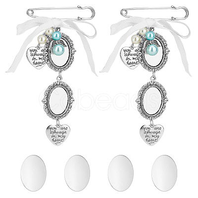 2Pcs 2 Style Oval & Love Heart Blank Glass Dome Wedding Bouquet Photo Charms Safety Pin Brooches JEWB-AB00006-1