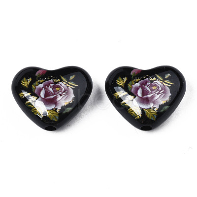 Flower Printed Opaque Acrylic Heart Beads SACR-S305-28-K03-1