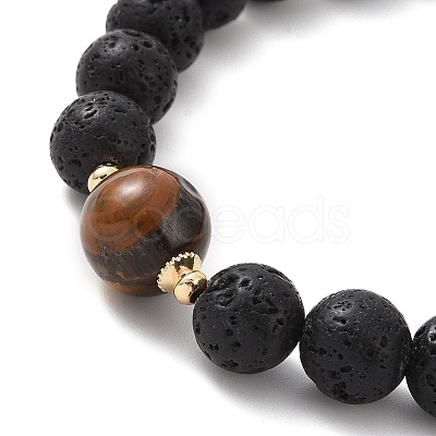 Natural Lava Rock & Mixed Gemstone Round Beaded Stretch Bracelet BJEW-JB09418-1