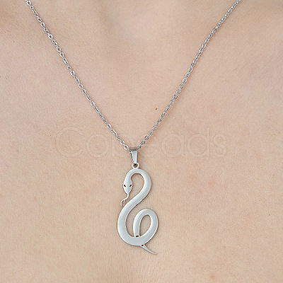 Non-Tarnish 201 Stainless Steel Hollow Snake Pendant Necklace NJEW-OY001-93-1