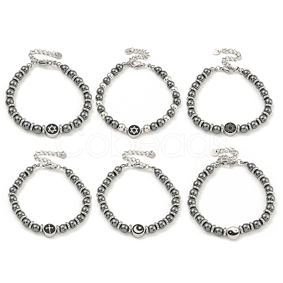 304 Stainless Steel & Synthetic Non-magnetic Hematite Round Beaded Bracelets for Women BJEW-G717-12-1