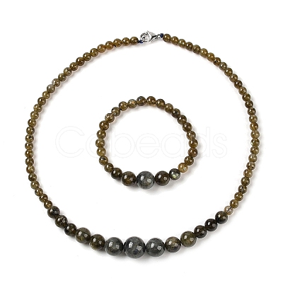 Natural Labradorite Round Beads Bracelets & Necklaces Sets SJEW-L132-23-1