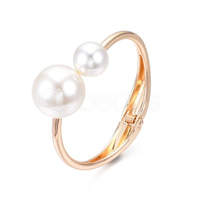 ABS Plastic Pearl Round Beaded Open Cuff Bangle BJEW-S118-105G-1