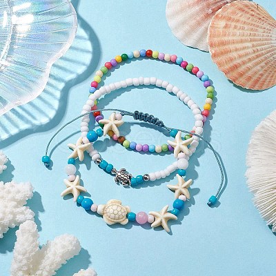 3Pcs 3 Styles Starfish & Turtle Synthetic Turquoise Braided Bead Bracelet Sets BJEW-JB10348-1