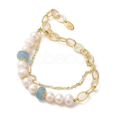 Natural Aquamarine & Pearl Beaded Bracelets BJEW-C051-49G-1