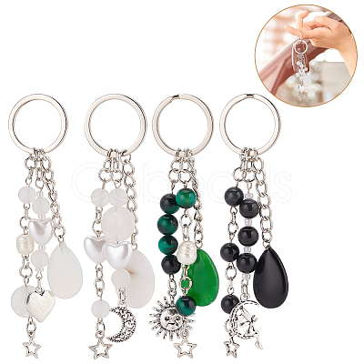 Gemstone with ABS Plastic Imitation Pearl Beaded Keychain with Star/Moon/Sun Alloy Pendants KEYC-PH01516-02-1