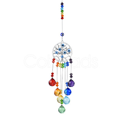 Woven Web/Net with Feather Glass Hanging Suncatcher Pendant Decoration DJEW-PW0008-02C-1