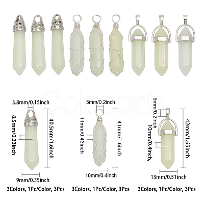 CHGCRAFT 9Pcs 9 Styles Synthetic Luminous Stone Double Terminal Pointed Pendants G-CA0001-72-1