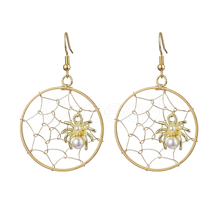 Copper Wire Wrapped Spider Web & Spider Dangle Earrings EJEW-JE05827-1