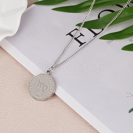 201 Stainless Steel Constellation Coin Pendant Necklace with Alloy Chains ZODI-PW0001-032B-1