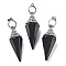 Natural Obsidian Faceted Cone Big Pendants, with Rack Plating Alloy Findings, Platinum, 61x18.5x17mm, Hole: 8x5mm