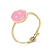 Ion Plating(IP) Flat Round with Smiling Face 304 Stainless Steel Enamel Ring, 316 Surgical Stainless Steel Open Cuff Ring for Women, Real 18K Gold Plated, Pearl Pink, Adjustable