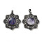 Natural Fluorite & Brass Pendants, Antique Silver, Sun Charm, 43.5x39.5x9mm, Hole: 9.5x5.5mm