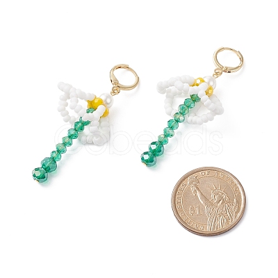 Shell Pearl & Glass Braided Flower with Long Tassel Dangle Leverback Earrings EJEW-TA00122-1