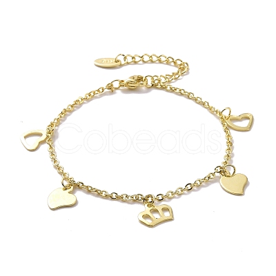 201 Stainless Steel Heart & Crown Charms Bracelet with 304 Stainless Steel Chains for Women BJEW-C019-30G-1