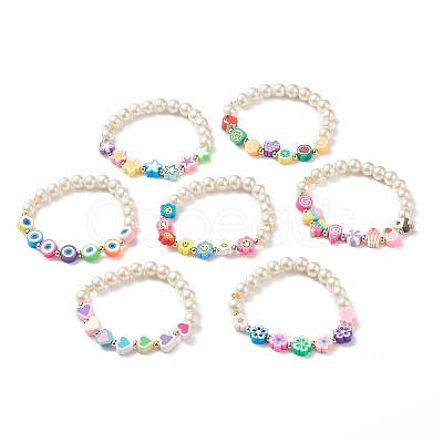 7Pcs 7 Style Star & Smiling Face & Flower Polymer Clay Stretch Bracelets Set with Glass Pearl Beaded BJEW-JB08786-1