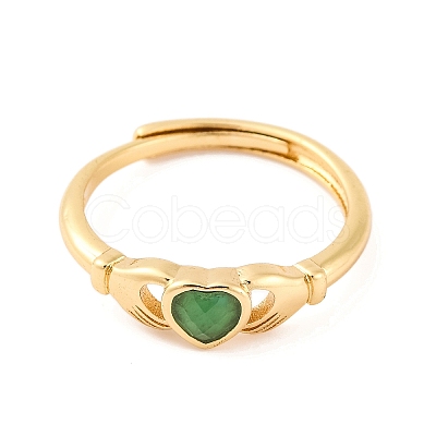 Hand with Heart Natural Green Onyx Agate Adjustable Rings RJEW-Q817-06G-01-1