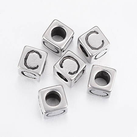 304 Stainless Steel Large Hole Letter European Beads X-STAS-H428-01AS-C-1