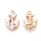 Enamel Pendants, with Light Gold Plated AlLoy Findings, Anchor, White, 17x12x3mm, Hole: 2mm