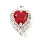 Brass Pave Cubic Zirconia Connector Charms, Heart Links, Silver Color Plated, Red, 15x9x6mm, Hole: 1.2mm