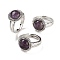 Natural Amethyst Round Adjustable Rings, Platinum Plated Brass Finger Rings for Men, Inner Diameter: 18mm