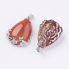 Teardrop with Flower Platinum Plated Brass Natural Red Agate Pendants G-F228-37A-RS-2