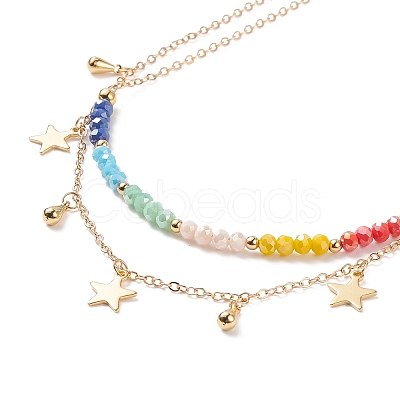 Brass Star Charms Double Layer Necklace with Colorful Glass Beaded for Women NJEW-TA00050-1