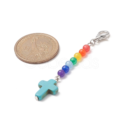 Synthetic Turquoise Cross with Natural Dyed Malaysia Jade Round Beaded Pendant Decoration HJEW-JM00940-1