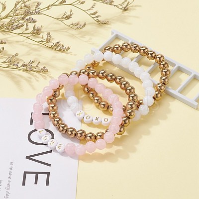 Round Imitation Gemstone & Plating Beads Stretch Bracelet Sets BJEW-JB06409-01-1