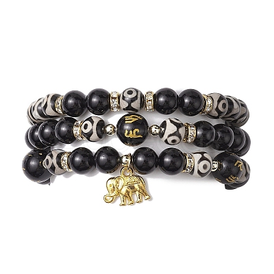 3Pcs 3 Styles 8mm Round Natural Tibetan 3-Eye dZi Agate & Eyeless Obsidian Beaded Stretch Bracelet Sets BJEW-JB10336-1