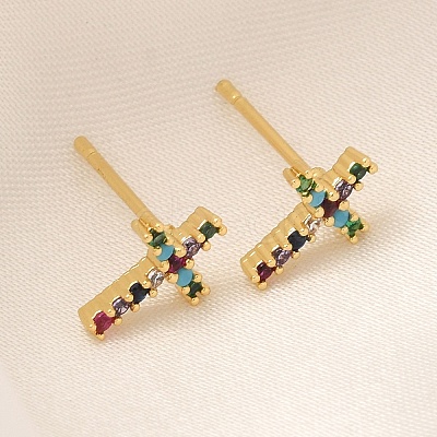 Rack Plating Cross Brass Micro Pave Cubic Zirconia Stud Earrings EJEW-H143-19G-1