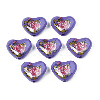 Flower Printed Opaque Acrylic Heart Beads SACR-S305-28-M04-1