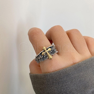 Wing with Cross Alloy Open Cuff Ring PW-WG44085-01-1