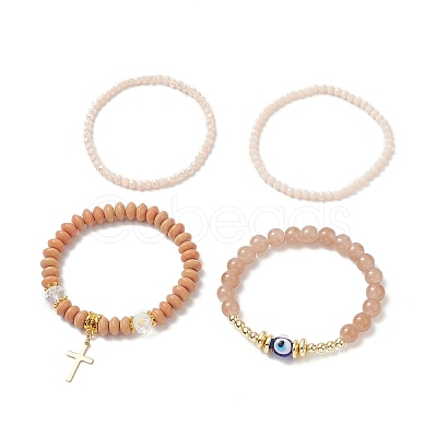 4Pcs 3 Style Lampwork Evil Eye & Glass & Synthetic Hematite Beaded Stretch Bracelets Set BJEW-JB09144-03-1