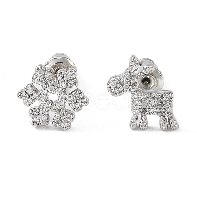 Christmas Snowflake & Deer Brass Micro Pave Clear Cubic Zirconia Asymmetrical Stud Earrings for Women EJEW-M257-01P-1