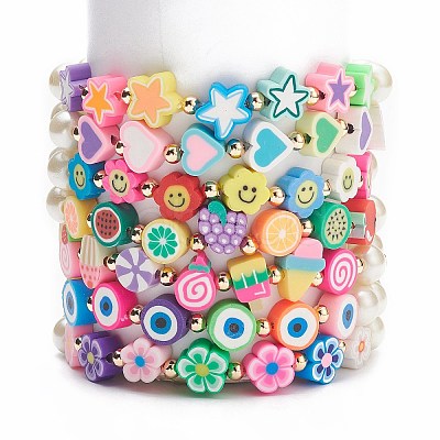 7Pcs 7 Style Star & Smiling Face & Flower Polymer Clay Stretch Bracelets Set with Glass Pearl Beaded BJEW-JB08786-1