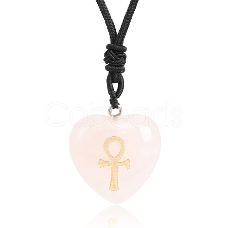 Natural Rose Quartz Heart Engraved AnKh Cross Pendant Personalized DIY Necklaces SC1205-6-1