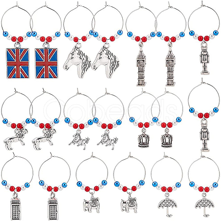 BENECREAT 20Pcs 10 Styles Union Jack & Soldier & Umbrella & Horse & Crown Alloy Dangle Wine Glass Charms with Glass Pearl AJEW-BC0003-10-1