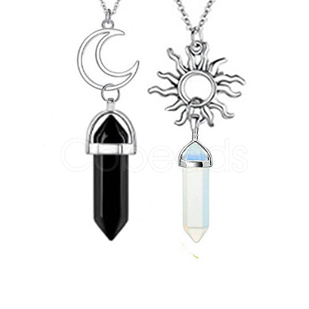 2Pcs 2 Style Natural Black & Opalite Bullet Pendant Necklaces Set PW-WG26431-02-1