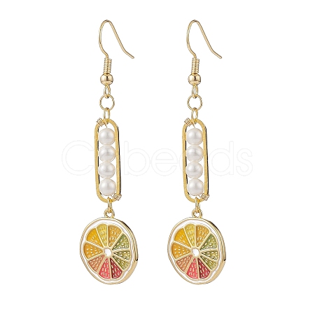 Shell Pearl with Enamel Lemon Dangle Earrings EJEW-TA00071-1